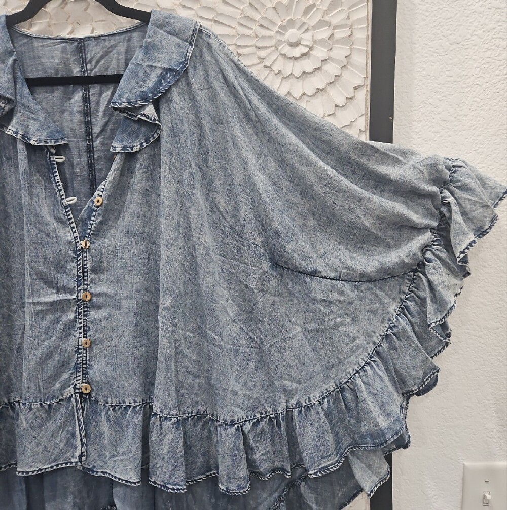 Washed Blue Ruffle Button-Front Women’s Top - Picture 3 of 7